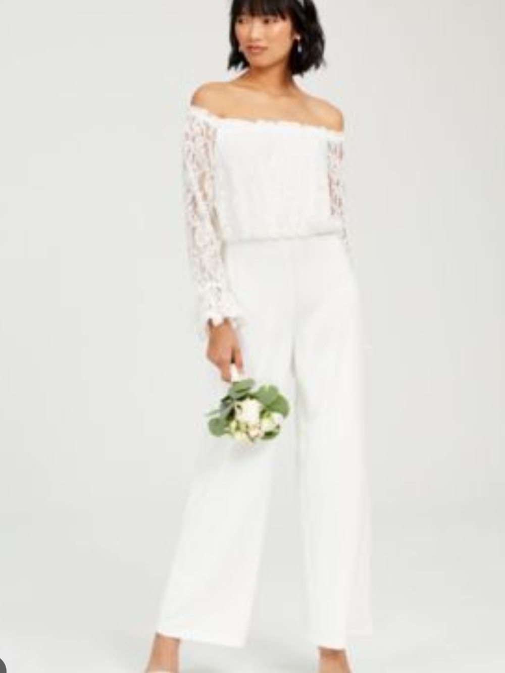 Adrianna Papell White Off-Shoulder Lace Bodice Wide-Leg Jumpsuit